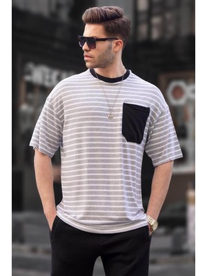 Madmext Erkek Gri Çizgili Basic Tişört 6084