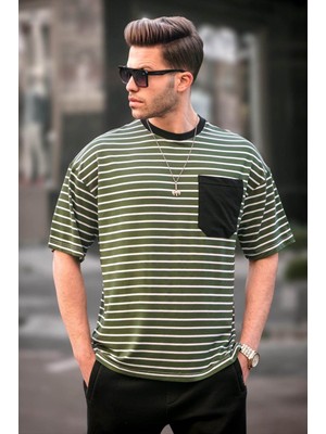 Madmext Erkek Haki Çizgili Basic Tişört 6084
