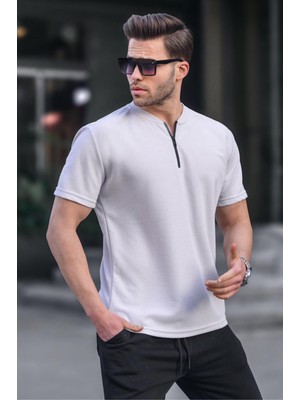 Madmext Boyalı Gri Fermuar Yaka Erkek Tişört 6086