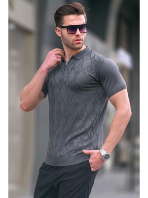 Madmext Desenli Triko Antrasit Polo Yaka Tişört 6357