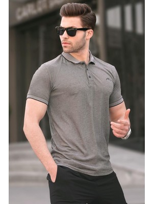 Madmext Siyah Nakışlı Regular Fit Erkek Polo Yaka Tişört 6108