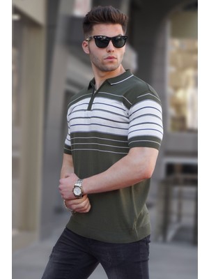 Madmext Erkek Haki Polo Yaka Fermuarlı Tişört 5733