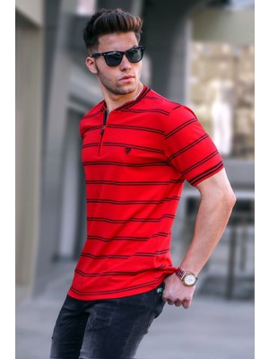 Madmext Kırmızı Çizgili Polo Yaka Erkek Tişört 5874