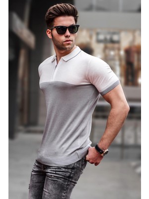 Madmext Koyu Gri Fermuarlı Polo Yaka Triko Erkek Tişört 5731