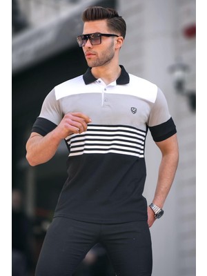 Madmext Erkek Siyah Polo Yaka Çizgili Tişört 5865