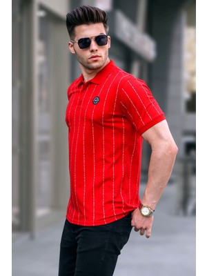 Madmext Kırmızı Düğmeli Çizgili Polo Yaka Tişört 5879