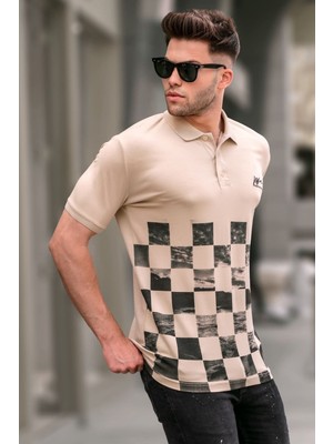 Madmext Bej Desenli Erkek Polo Yaka Tişört 5871