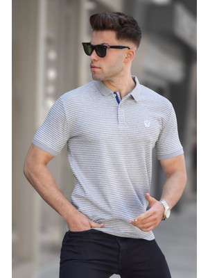 Madmext Boyalı Gri Çizgili Polo Yaka Tişört 5881
