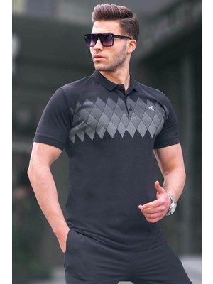 Madmext Siyah Desenli Polo Yaka Erkek Tişört 6106