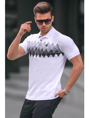 Madmext Beyaz Desenli Polo Yaka Erkek Tişört 6106