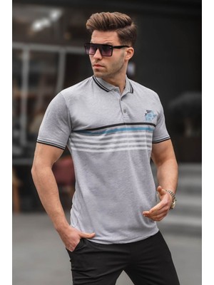 Madmext Gri Çizgili Polo Yaka Tişört 5869