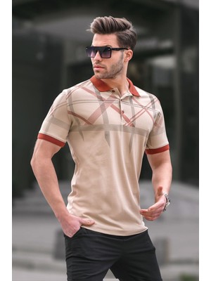 Madmext Bej Desenli Polo Yaka Erkek Tişört 6080