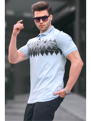 Madmext Mavi Desenli Polo Yaka Erkek Tişört 6106