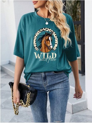 Trendseninle Kadın Petrol Mavi Horse Baskılı Oversize T-Shirt