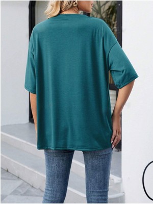 Trendseninle Kadın Petrol Mavi Horse Baskılı Oversize T-Shirt