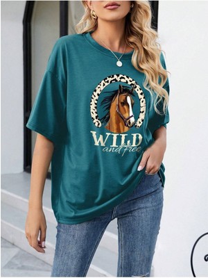 Trendseninle Kadın Petrol Mavi Horse Baskılı Oversize T-Shirt