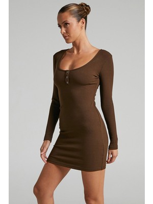 Madmext Kahverengi Uzun Kollu Basic Mini Kadın Elbise MG1700
