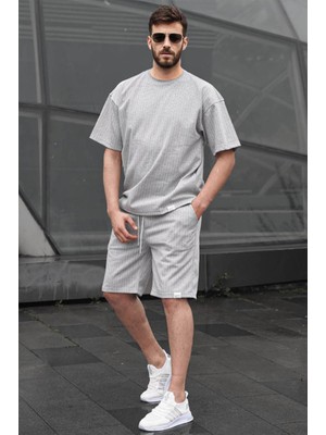 Madmext Gri Çizgili Erkek Şort Takımı 6396