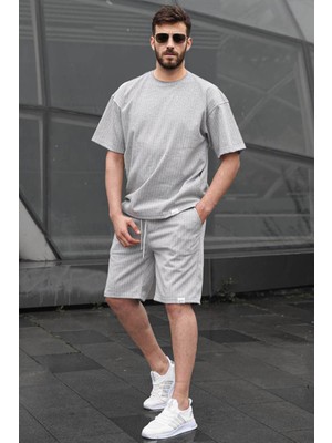 Madmext Gri Çizgili Erkek Şort Takımı 6398