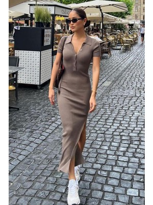 Madmext Vizon Renkli Yandan Yırtmaçlı Kadın Triko Elbise Bodycon Klasik Stil Düz Desen