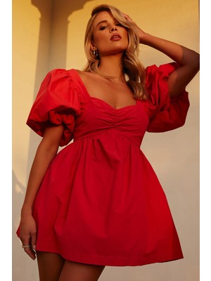 Madmext Kırmızı Kalp Yaka Balon Kol Kadın Elbise MG1620