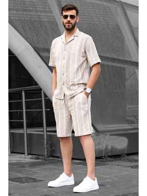 Madmext Kahverengi Çizgili Erkek Şort Takımı 6701