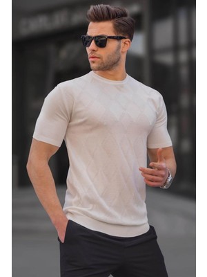 Madmext Beyaz Baklava Desenli Triko Kısa Kollu Tişört 6354