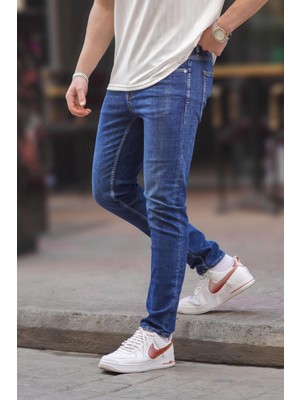 Madmext Mavi Slim Fit Erkek Jean %98 Cotton Desenli 6863 Şık ve Rahat Günlük Kullanım İçin