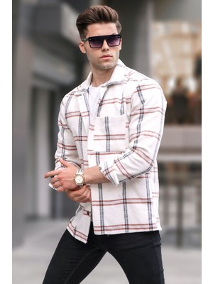 Madmext Ekru Regular Fit Oduncu Gömlek Uzun Kol Erkek Günlük Stil Ekose-Kareli