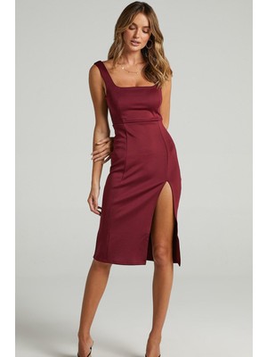 Madmext Bordo Askılı Yırtmaç Detaylı Midi Elbise