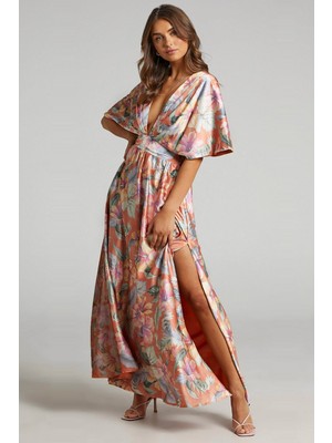 Madmext Turuncu Desenli Yırtmaç Detaylı Uzun Elbise MG1698