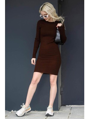 Madmext Kahverengi Bodycon Fitilli Mini Elbise MG1710