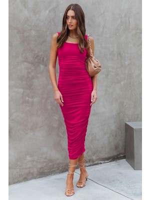 Madmext Fuşya Büzgülü Kalem Model Askılı  Elbise MG1732
