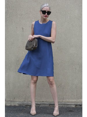 Madmext Indigo Sıfır Kol Salaş Keten Elbise MG1831