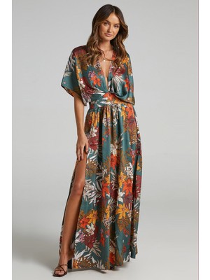 Madmext Yeşil Desenli Yırtmaç Detaylı Uzun Elbise MG1698