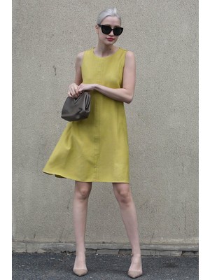 Madmext Hardal Sıfır Kol Salaş Keten Elbise MG1831