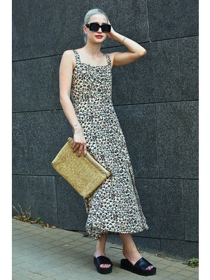 Madmext Bej Desenli Yırtmaçlı Uzun Elbise MG1868