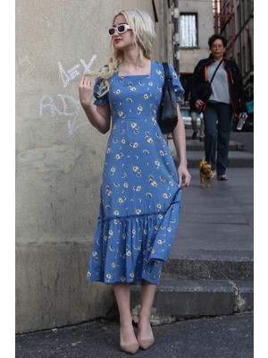 Madmext Mavi Çiçek Desenli Balon Kol Midi Elbise MG1820