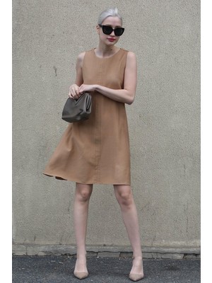 Madmext Bej Sıfır Kol Salaş Keten Elbise MG1831
