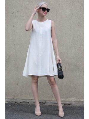 Madmext Beyaz Sıfır Kol Salaş Keten Elbise MG1831