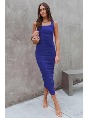 Madmext Saks Büzgülü Kalem Model Askılı  Elbise MG1732