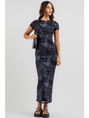 Madmext Lacivert Batik Desen Uzun Elbise MG1849