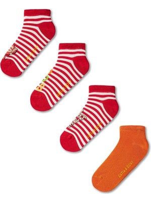 Katia & Bony 4'lü Paket Çocuk Baskılı Kırmızı Beyaz Çizgili Patik Çorap