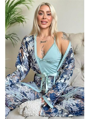 Pijama Evi Mint Flore Exclusive Örme Sabahlıklı Kadın Pijama Takımı