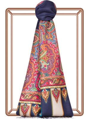Ipekevi Çerçeve Paisley Desenli Ipek Şal 06564-LACIVERT