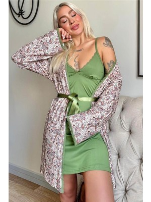 Pijama Evi Yeşil Svila Exclusive Örme Sabahlıklı Gecelik Kadın Pijama Takımı