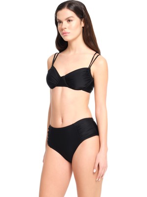 Too Salty Swimwear Kadın Siyah Düz Balenli Toparlayıcı Yüksek Bel Bikini Takımı 23S102ST