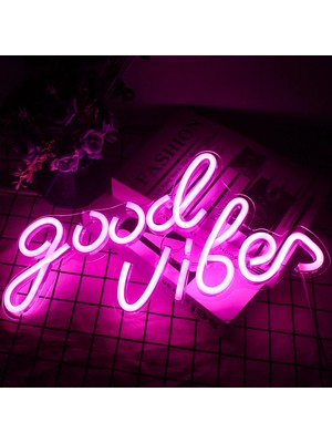 Xiyu Shop 5W Tarzı Pembe Iyi Vibes Neon Burcu Yatak Odası Çocuk Odası Oyunu Düğün Parti Mağaza Oda Duvar Dekoru LED Neon Işık USB ile Güçlendirilmiştir 40*20 cm (Yurt Dışından)