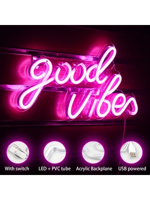 Xiyu Shop 5W Tarzı Pembe Iyi Vibes Neon Burcu Yatak Odası Çocuk Odası Oyunu Düğün Parti Mağaza Oda Duvar Dekoru LED Neon Işık USB ile Güçlendirilmiştir 40*20 cm (Yurt Dışından)