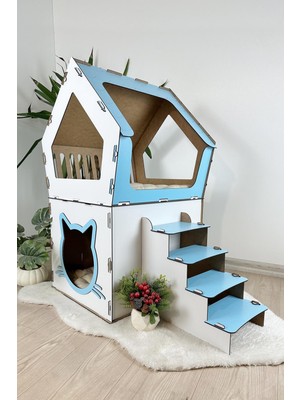 Mavi Trend  Ahşap Büyük Kedi Evi Xxl Açık Teraslı Model 5 kg Üstü Kediler Için Mavi - Beyaz Renk